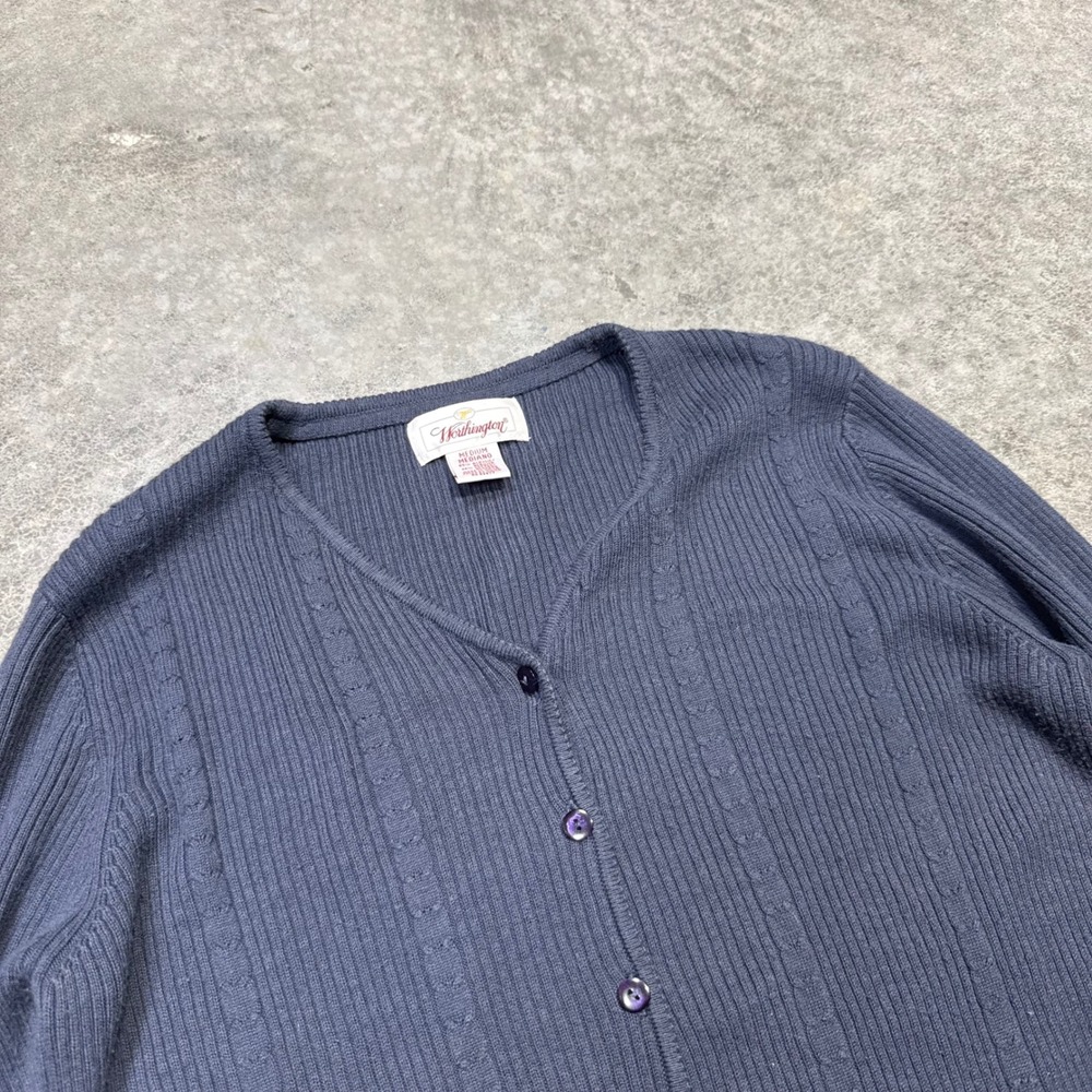 Worthington Cardigan Women Medium Navy Blue Ribbed Knit V-Neck Button Up Sweater